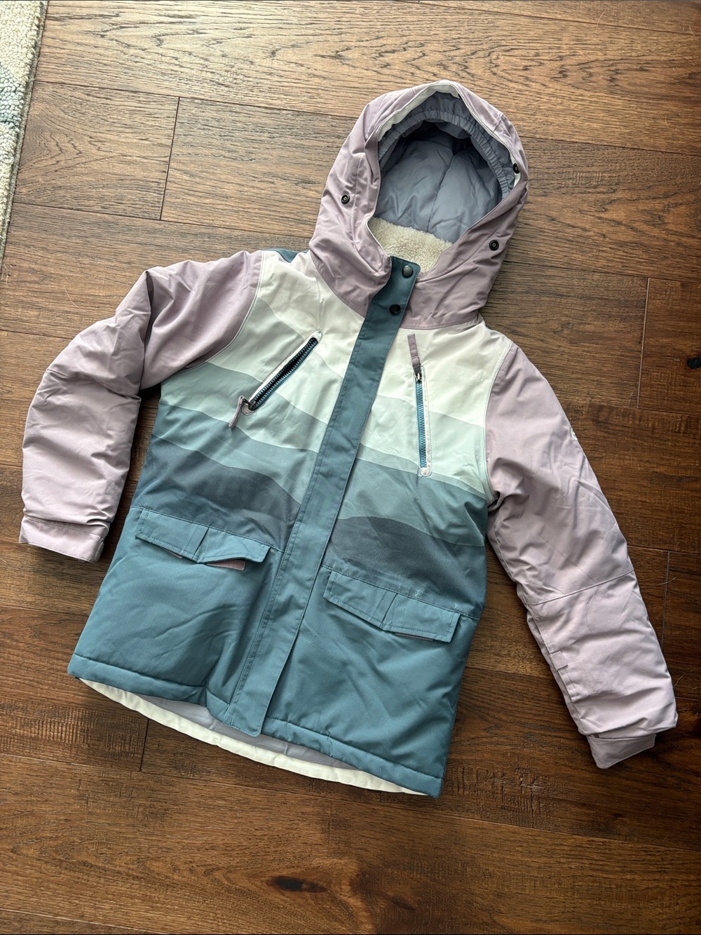 Kids Colorblock Hooded Winter Ski Jacket - Lavender, Gray & Blue
